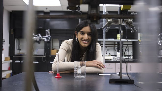 Aakanksha Saxena in the chemistry lab at Desert Mountain High School, 12575 E Vía Linda, Scottsdale, on April 13.