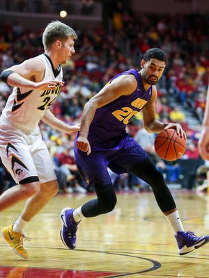 Northern Iowa guard Jeremy Morgan tries to drive past Iowa guard Brady Ellingson Dec. 17 in Des Moines, Iowa. Morgan was voted the Preseason Missouri Valley Conference Player of the Year.