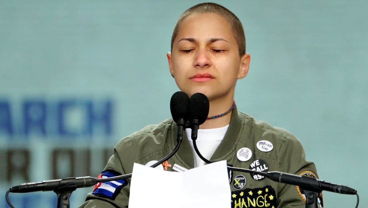 Tears roll down the face of Marjory Stoneman Douglas High School student Emma Gonzalez as she observes 6 minutes and 20 seconds of silence while addressing the March for Our Lives rally on March 24, 2018 in Washington, DC. 