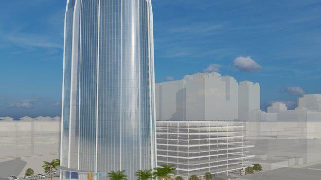 The concept plan for the West Palm Beach tent site includes a 338-foot-tall office tower called West Palm Point, fronting on Quadrille Boulevard, between Okeechobee Boulevard and Lakeview Avenue.