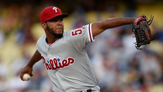 Philadelphia Phillies pitcher Seranthony Dominguez (58) pitches against the Los Angeles Dodgers during the ninth inning at Dodger Stadium in a game from last month..