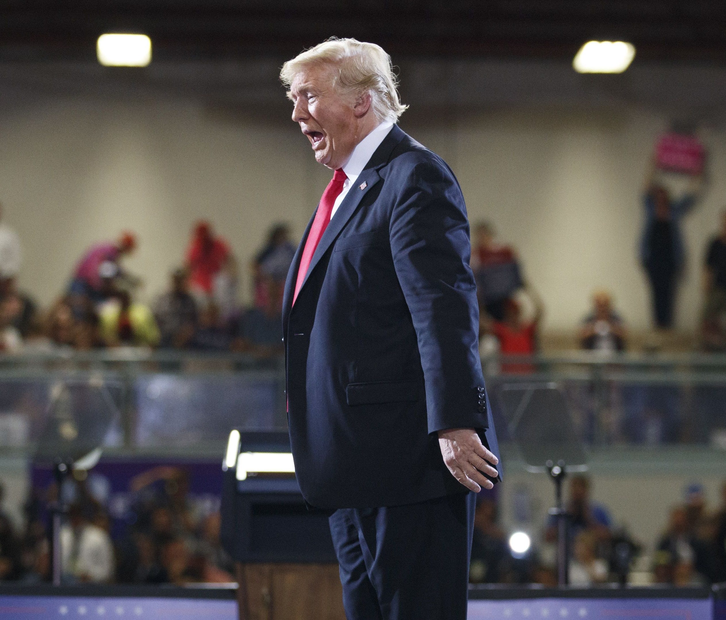 President Donald Trump took a shot at the NFL's revised national anthem policy Thursday at a rally in Great Falls, Mont.