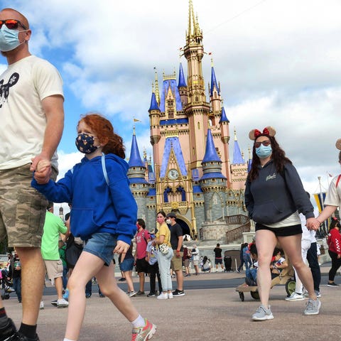 A masked family walks past Cinderella Castle in th