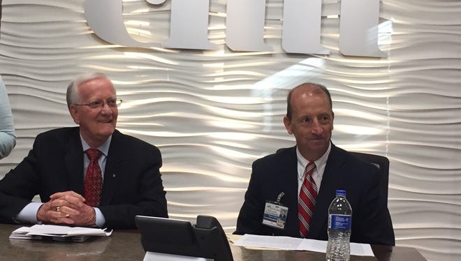This is a file photo from a press conference last October when Don Babb, chief executive officer/executive director of CMH, and Steve Edwards, president and CEO of CoxHealth, announced a framework to join the two health systems. That merger has been canceled.