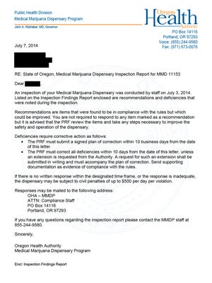Oregon Health Authority inspection cover letter.