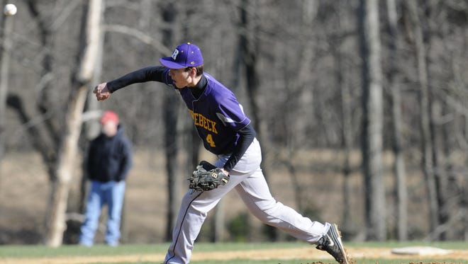 Rhine beck's Chris Cassens pitches during Wednesday's home game versus Webutuck.