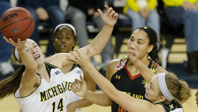 Michigan guard Nicole Elmblad pulls down a rebound during the second half against Maryland on Thursday. Maryland defeated Michigan 91-65.