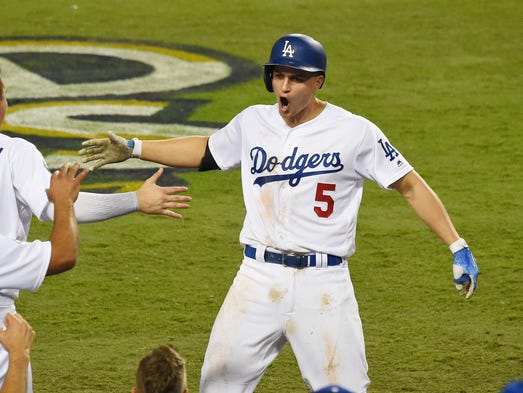 Game 2 at Dodger Stadium: Corey Seager celebrates his