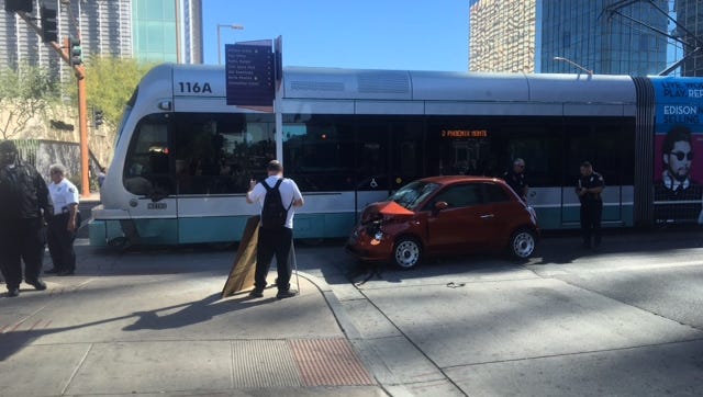 A car and a light-rail train collided at Van Buren Street and Central Avenue on Feb. 24.