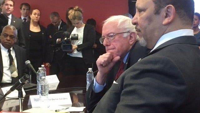 Democratic presidential candidate Sen. Bernie Sanders meets with Marc Morial, right, president of  the National Urban League and a former mayor of New Orleans, and other African-American leaders in a recent meeting in Washington, D.C.
