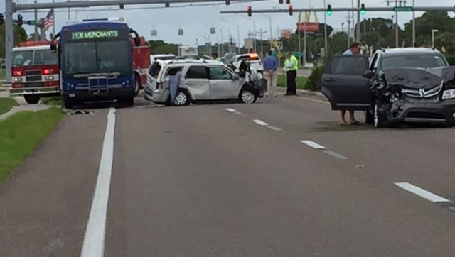 At least two people were taken to area hospitals after a van, SUV and LeeTran bus were involved in a crash at Pondella Road and U.S. 41 in North Fort Myers shortly before 2 p.m.