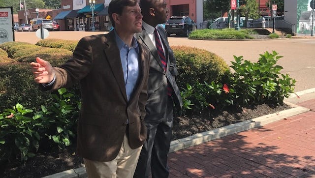 State Sen. Lee Harris, a Memphis Democrat, and state Sen. Brian Kelsey, a Germantown Republican, discuss some of the development in Collierville Town Square. Despite political differences, Harris and Kelsey have been able work across the aisle on an issue that knows no party - water preservation.