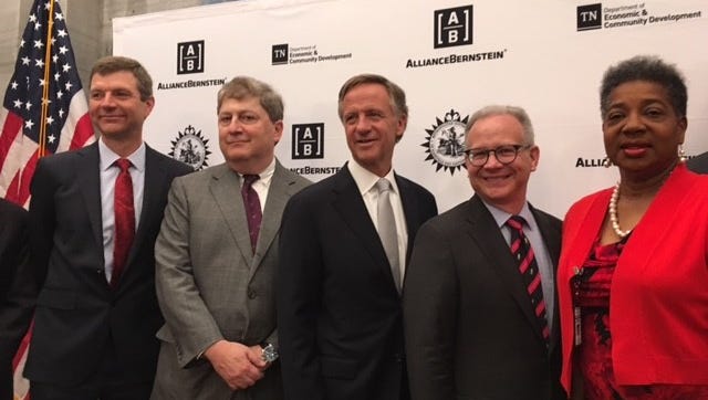 AllianceBernstein Chief Operating Officer Jim Gingrich, CEO Seth Bernstein, Gov. Bill Haslam, Mayor David Briley and state Rep. Brenda Gilmore attend AllianceBernstein's announcement May 2, 2018, that the global money management firm plans to move its headquarters and more than 1,000 jobs to Nashville in the coming years.