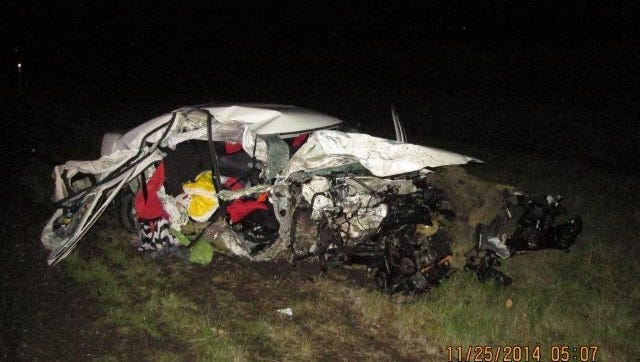 One of the cars involved in a fatal head-on crash on I-5 early Tuesday.