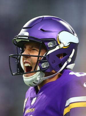 Jan 14, 2018; Minneapolis, MN, USA; Minnesota Vikings quarterback Sam Bradford (8) reacts against the New Orleans Saints in the NFC Divisional Playoff football game at U.S. Bank Stadium.