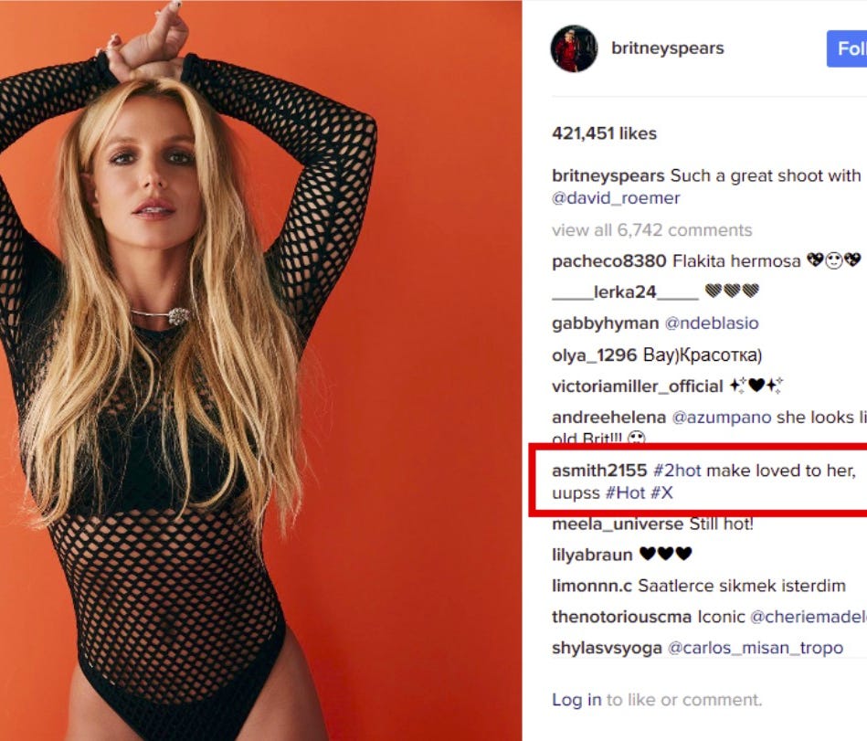 An example of a seemingly-innocuous comment left in the Instagram account of Britney Spears, which according to the Slovakian computer security company ESET was actually a way for malware to send commands to compromised computers.