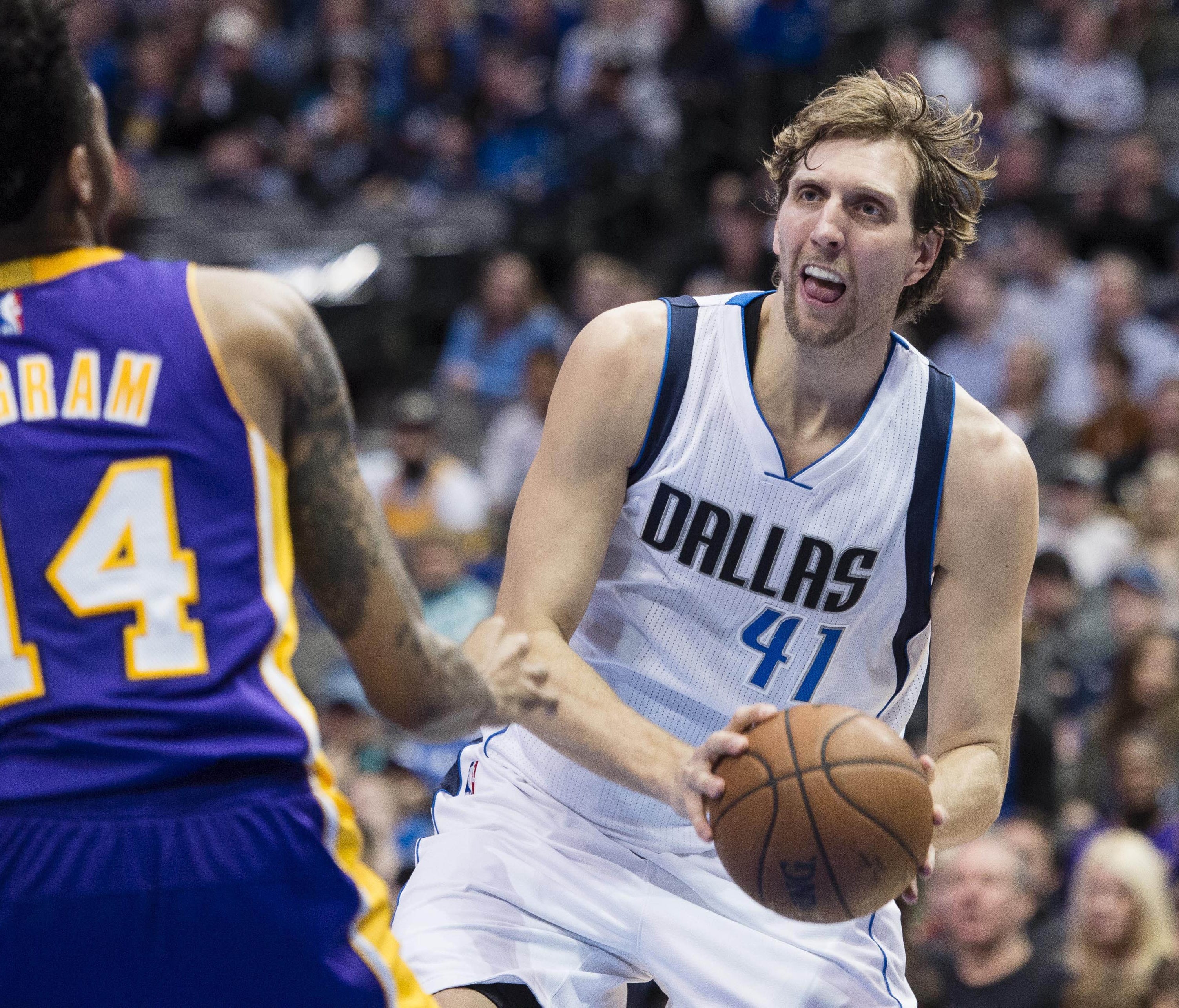 Dirk Nowitzki was one of seven Mavs players to score in double figures.