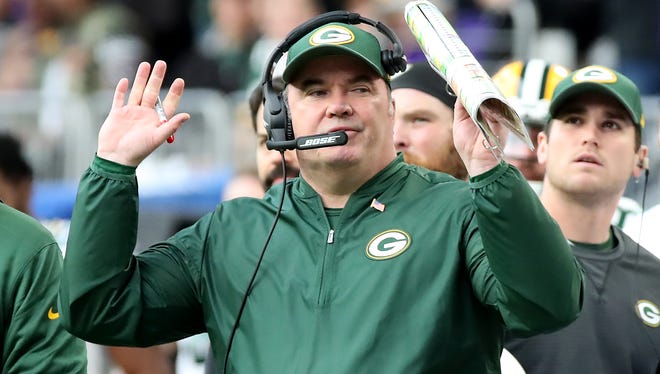 Green Bay Packers head coach Mike McCarthy reacts with disgust to a referee call against the Minnesota Vikings Sunday, October 15, 2017 in Minneapolis, Minn.