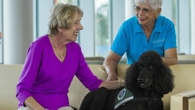 Volunteers Betty Wiese, left, and Anne Misek and therapy dog Casey.