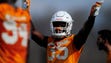 Daniel Bituli (35) gets pumped up during spring training