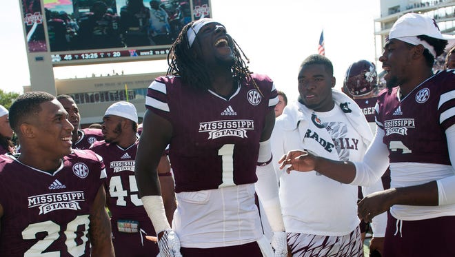 Mississippi State Bulldogs wide receiver De'Runnya Wilson (1) celebrates with teammates after the second half against Louisiana Tech Bulldogs at Davis Wade Stadium. Mississippi State Bulldogs won 45-20. Mandatory Credit: Joshua Lindsey-USA TODAY Sports
