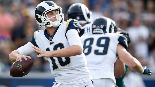 In just his second year, quarterback Jared Goff will be one of many Rams who will make their postseason debut Saturday night.