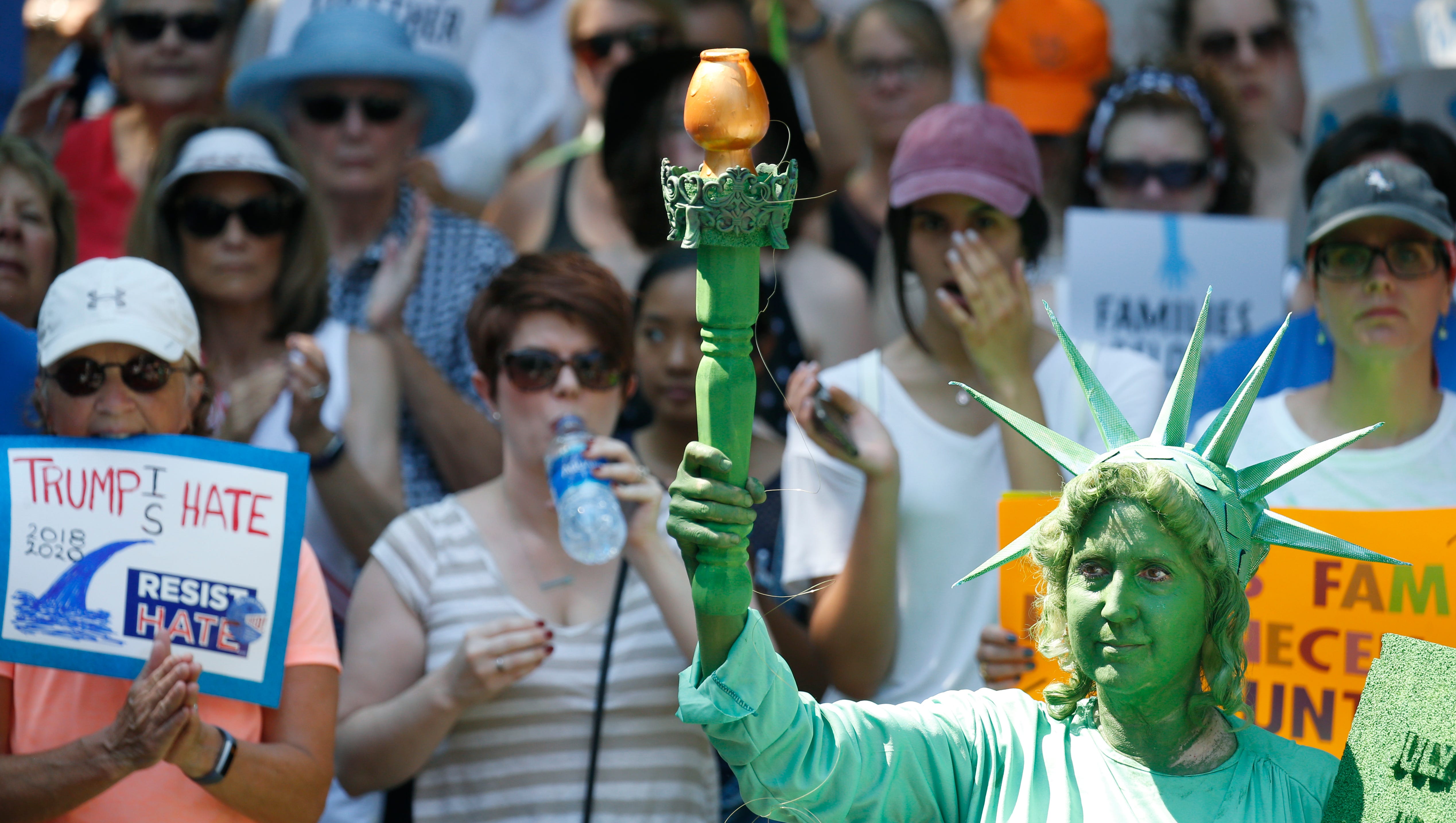 Lisa Toth, of Pittsford, NY, dressed as the Statue