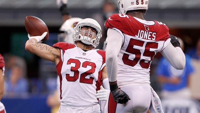 Arizona Cardinals free safety Tyrann Mathieu (32) celebrates his interception in overtime of their game at Lucas Oil Stadium Sunday, Sept, 17, 2017. The Colts lost to the Cardinals 16-13 in overtime. 