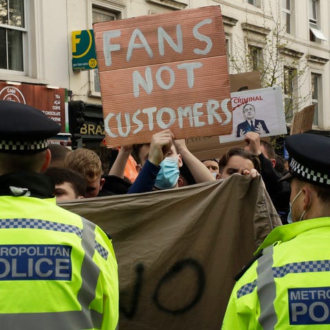 Chelsea fans protest outside Stamford Bridge stadi