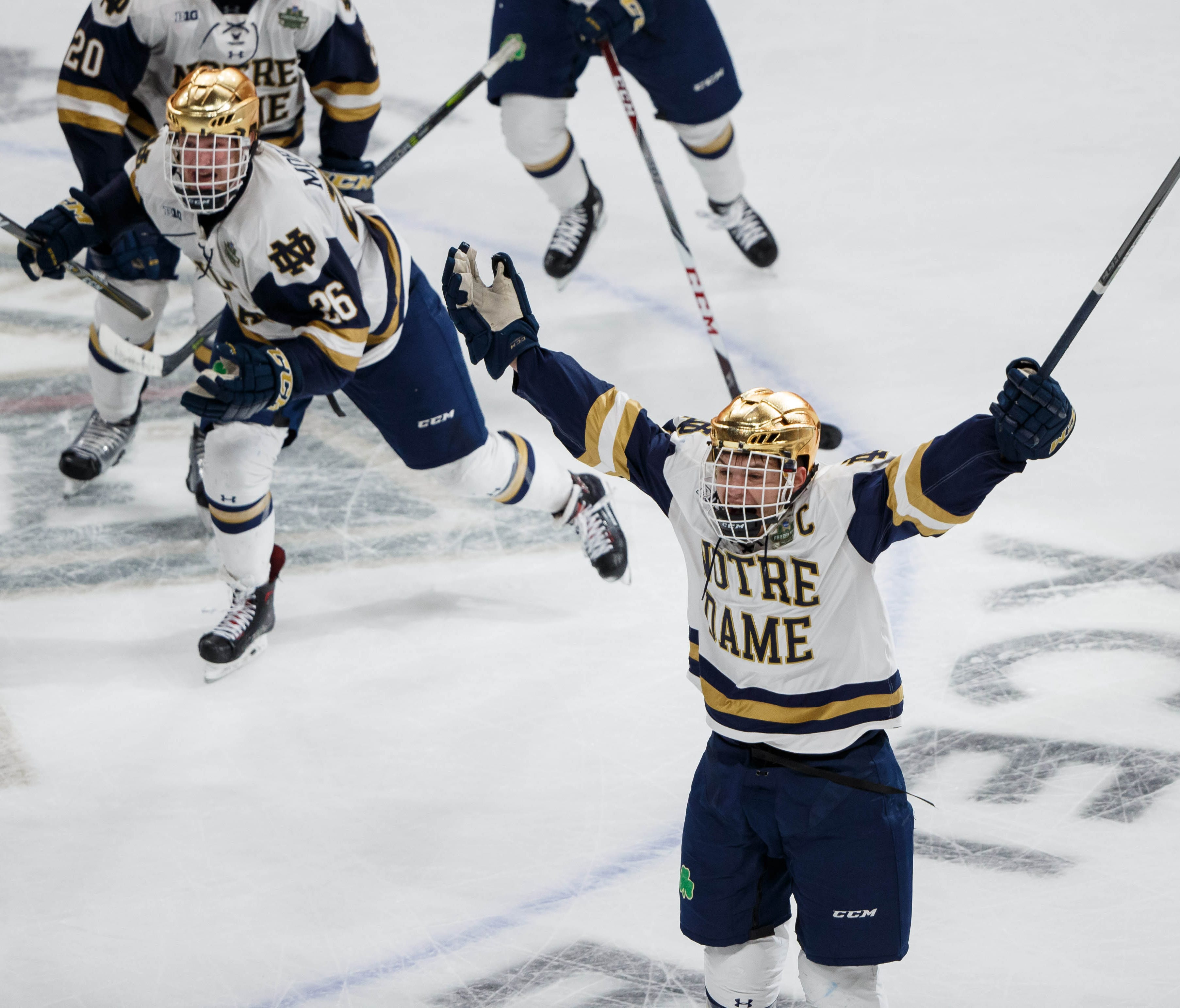 Notre Dame's Jake Evans (18) celebrates his goal that won the semifinal for the Fighting Irish.