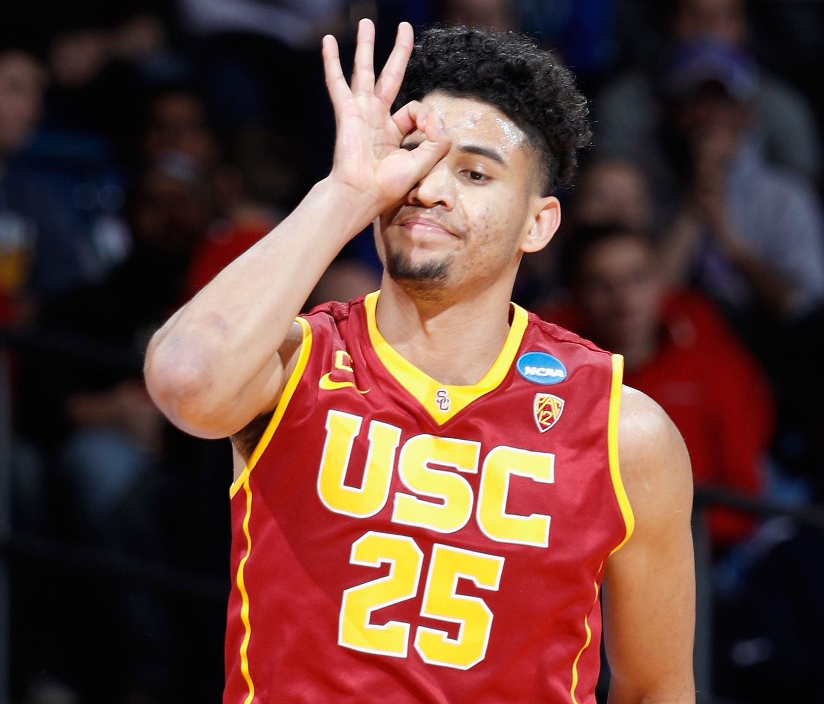 Bennie Boatwright of the USC Trojans reacts in the first half against the Providence Friars.
