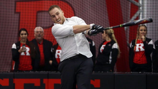 Rutgers alumni Patrick Kivlehan, outfielder in the Cincinnati Reds organization takes some batting practice after Rutgers dedicated its new indoor baseball and softball practice facility called the Fred Hill Training Complex. January 31, 2017, Piscataway,, NJ.