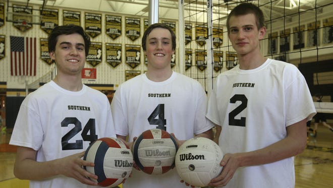 Southern boys volleyball. l-r Liam Maxwell, Mike Sprague, and Jake Logue  --March 30, 2015-Stafford, NJ.-Staff photographer/Bob Bielk/Asbury Park Press