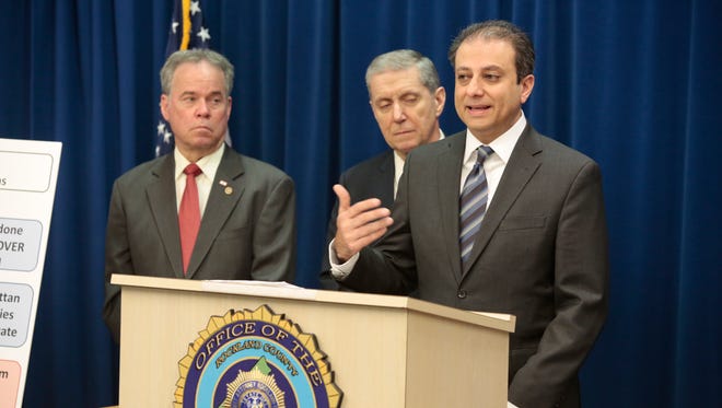 Rockland County Executive Ed Day, District Attorney Thomas Zugibe and U.S. Attorney Preet Bharara announce 29 drug indictments Wednesday.