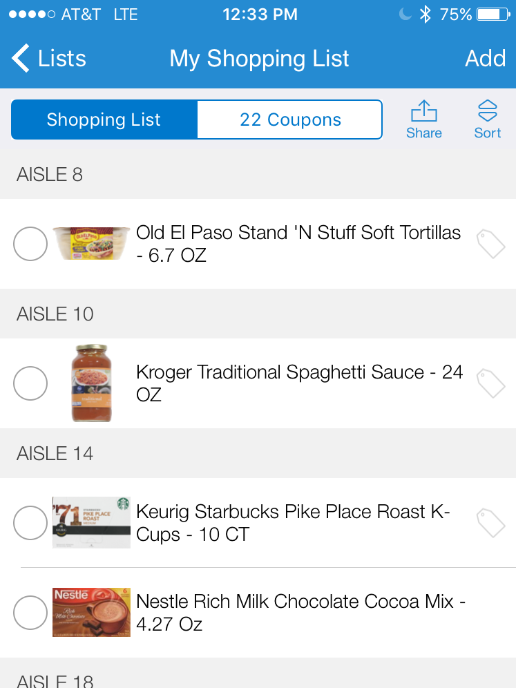 Kroger's app now sorts grocery list by aisle
