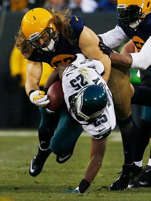 Green Bay Packers outside linebacker Green Bay Packers linebacker Clay Matthews, left, strained a groin muscle during Sunday's game against the Philadelphia Eagles at Lambeau Field.
