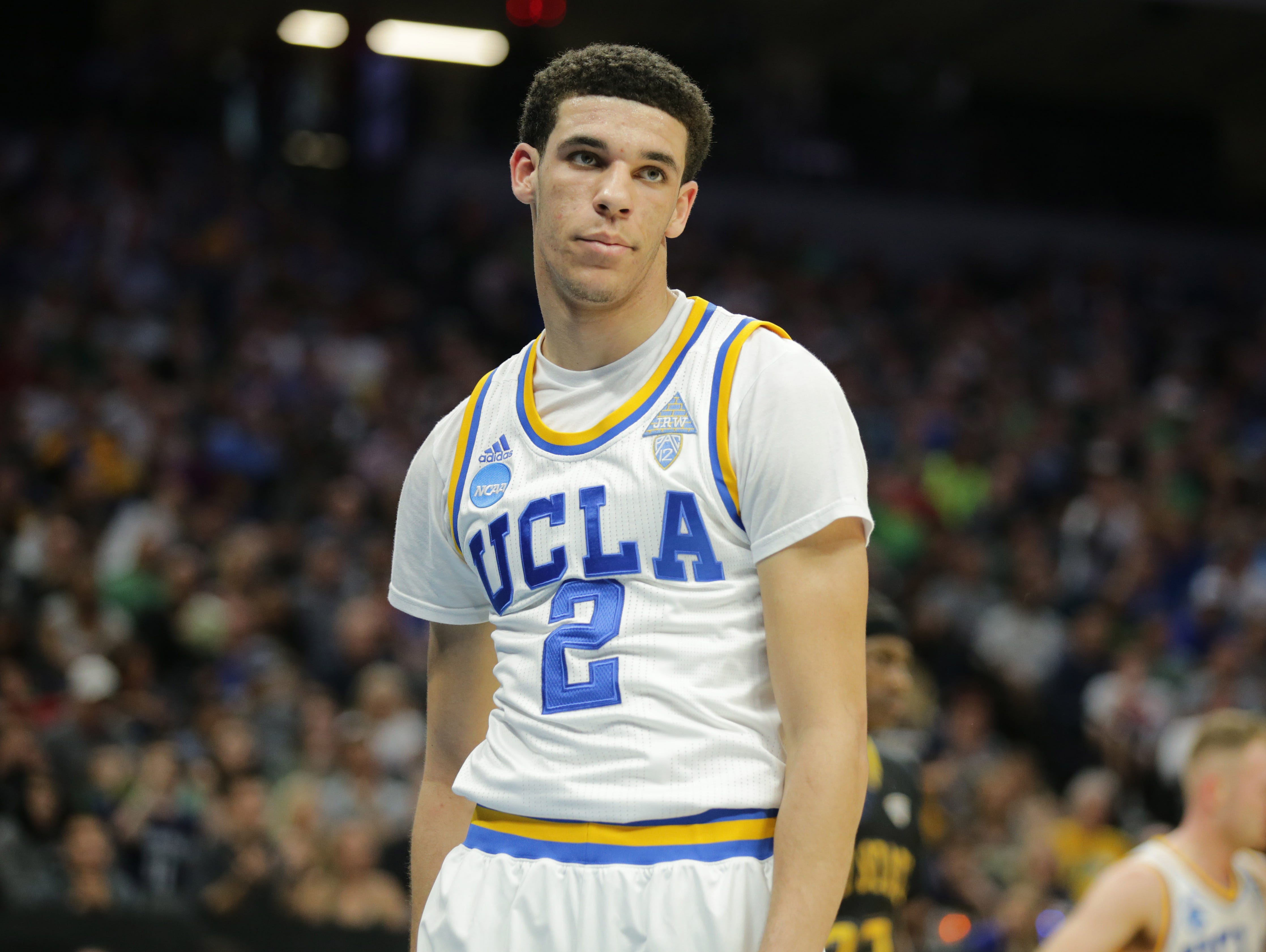 UCLA Bruins guard Lonzo Ball (2) reacts on the court against the Kent State Golden Flashes in the first round of the 2017 NCAA Tournament at Golden 1 Center.