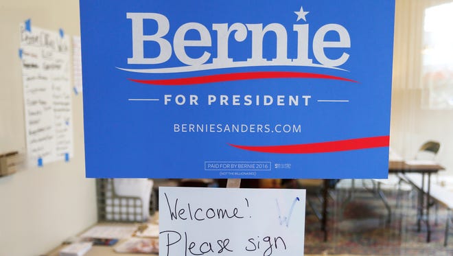 A welcome sign greets guests at the Bernie Sanders campaign office Thursday, April 7, 2016, at 835 Main Street in downtown Lafaytte.