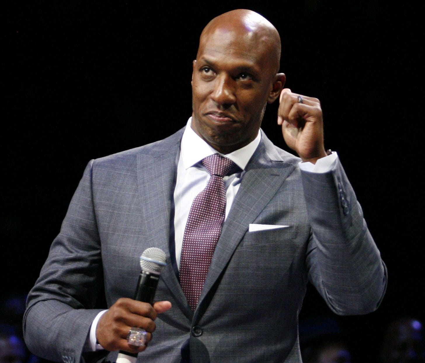 This photo from 2016 shows former NBA star Chauncey Billups giving a speech during his halftime retirement ceremony in a game between the Pistons and Nuggets at The Palace of Auburn Hills.