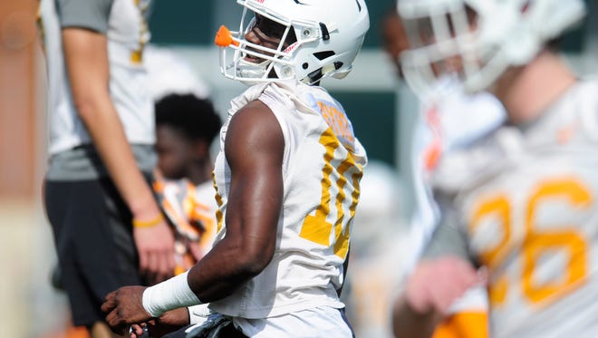 Tyler Byrd (10) warms up during Tennessee Volunteers football practice at Anderson Training Facility in Knoxville, Tennessee on Thursday, March 23, 2017.