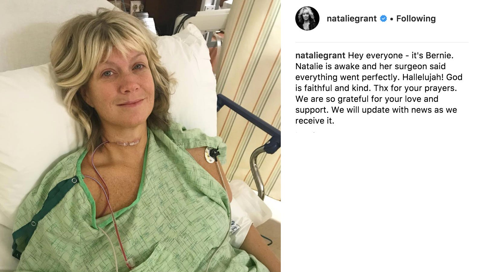 Natalie Grant's Instagram post after surgery .