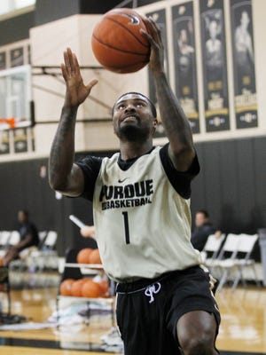 Graduate transfer Johnny Hill during a layup drill at men's basketball practice Monday, October 5, 2015, at Cardinal Court on the campus of Purdue University.