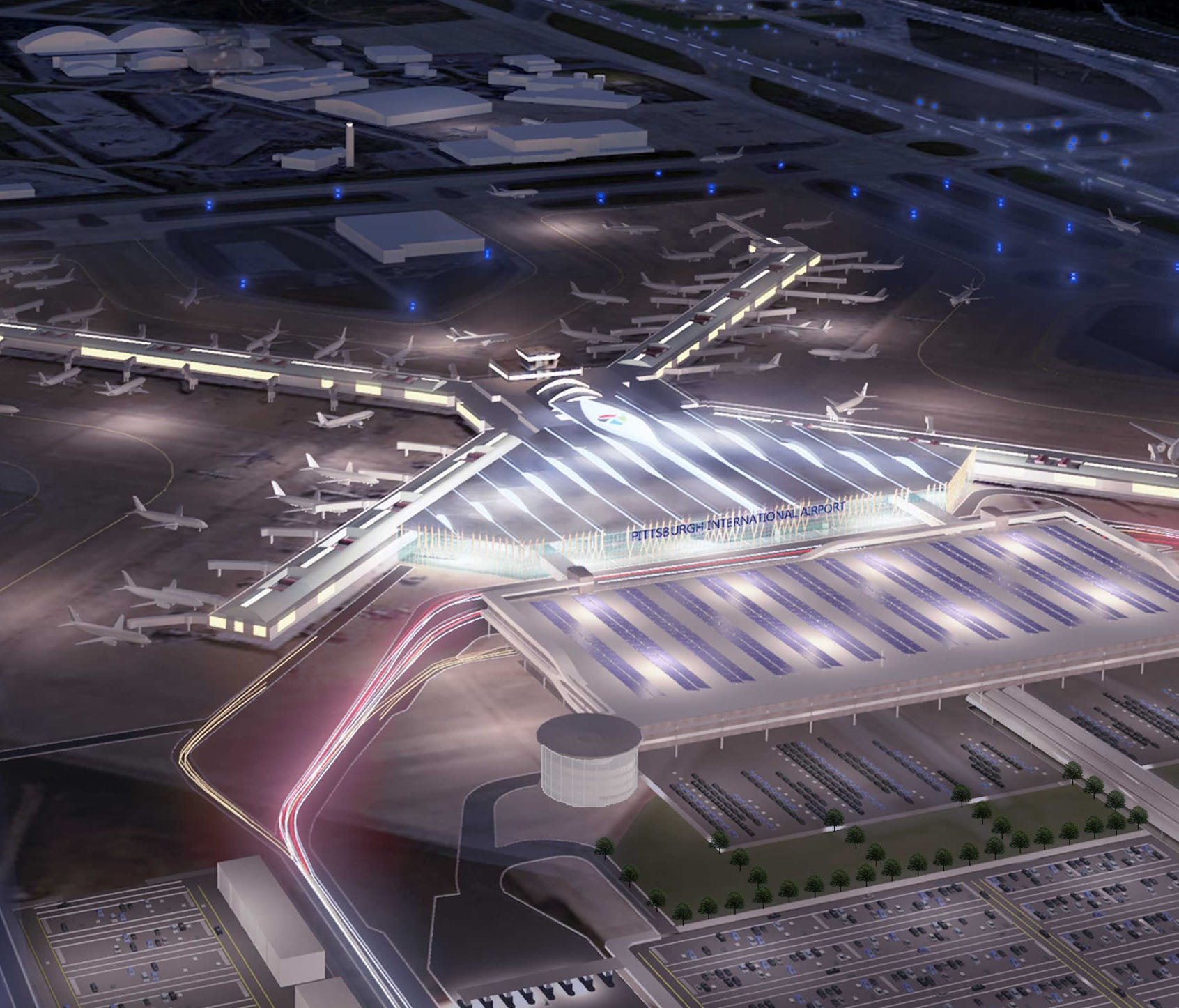 This rendering shows what could be a new $1.1 billion landside terminal at Pittsburgh International Airport. The renderings show 