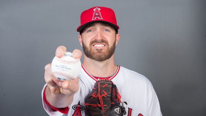 Los Angeles Angels relief pitcher A.J. Achter poses for a picture Feb. 26, 2016.