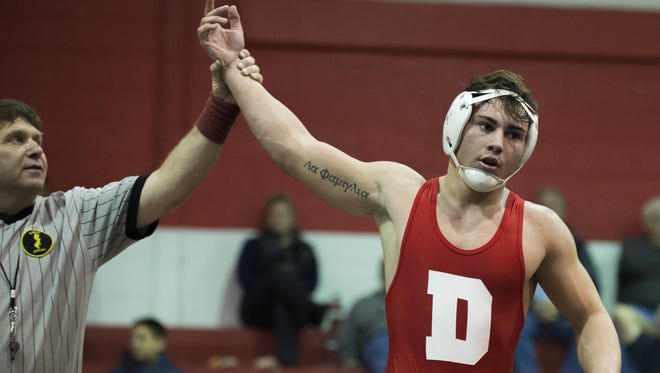 Delsea's Vince DeGeorge, seen here after a 182-pound win earlier in the season, pinned in 85 seconds against Pemberton on Monday in the South Jersey Group 3 playoffs. The top-seeded Crusaders won the meet, 69-0.