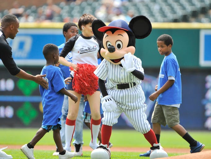 Mickey Mouse visited Comerica Park and was part of