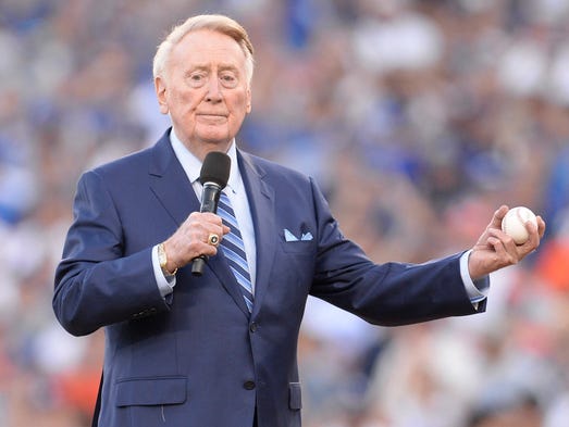 Game 2 at Dodger Stadium: Vin Scully on the field before
