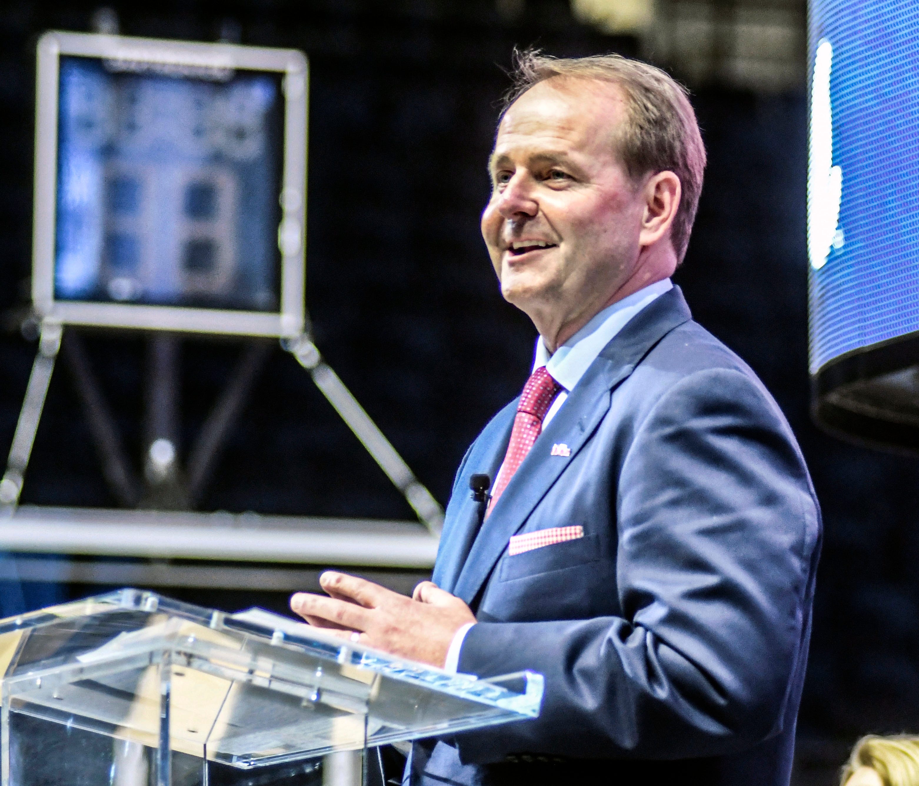 Kermit Davis Jr. is introduced as Mississippi's new men's basketball coach in Oxford, Miss., Monday, March 19, 2018. (Bruce Newman, Oxford Eagle via AP) ORG XMIT: MSOXF103