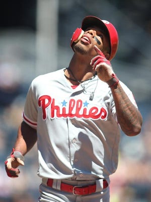 Philadelphia Phillies right fielder Nick Williams (5) reacts crossing home plate on a solo home run against the Pittsburgh Pirates during the fourth inning at PNC Park. The Pirates won 4-1.