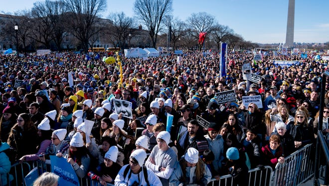 Anti-abortion activists rally on the National Mall in Washington, Jan. 19, 2018, during the annual March for Life. Thousands of anti-abortion demonstrators gather in Washington for an annual march to protest the Supreme Court's landmark 1973 decision that declared a constitutional right to abortion. 